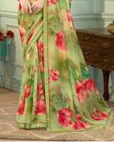 Vishal Prints Olivine Green And Carmine Pink Digital Print Fancy Chiffon Saree With Border