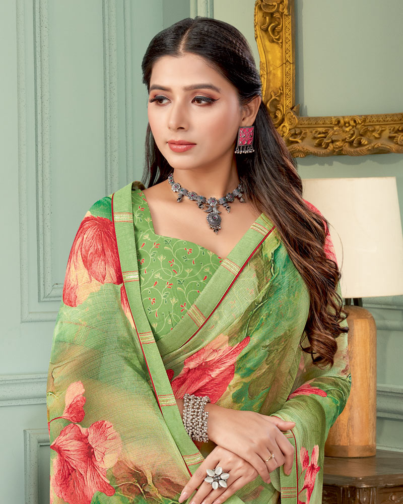 Vishal Prints Olivine Green And Carmine Pink Digital Print Fancy Chiffon Saree With Border