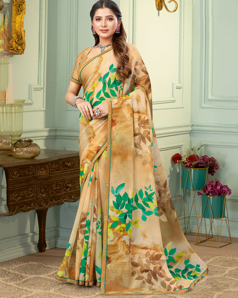 Vishal Prints Sandy Brown Digital Print Fancy Chiffon Saree With Border