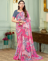 Vishal Prints Raspberry Pink Digital Print Fancy Chiffon Saree With Border
