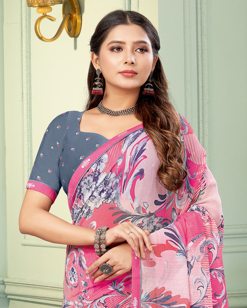 Vishal Prints Raspberry Pink Digital Print Fancy Chiffon Saree With Border