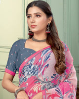 Vishal Prints Raspberry Pink Digital Print Fancy Chiffon Saree With Border