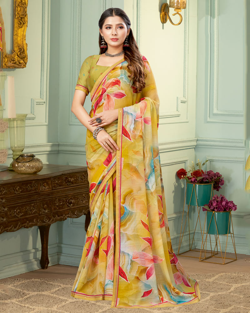 Vishal Prints Indian Yellow Digital Print Fancy Chiffon Saree With Border