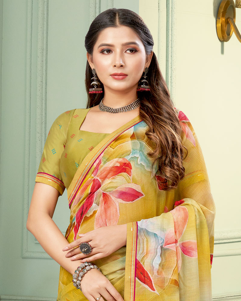 Vishal Prints Indian Yellow Digital Print Fancy Chiffon Saree With Border