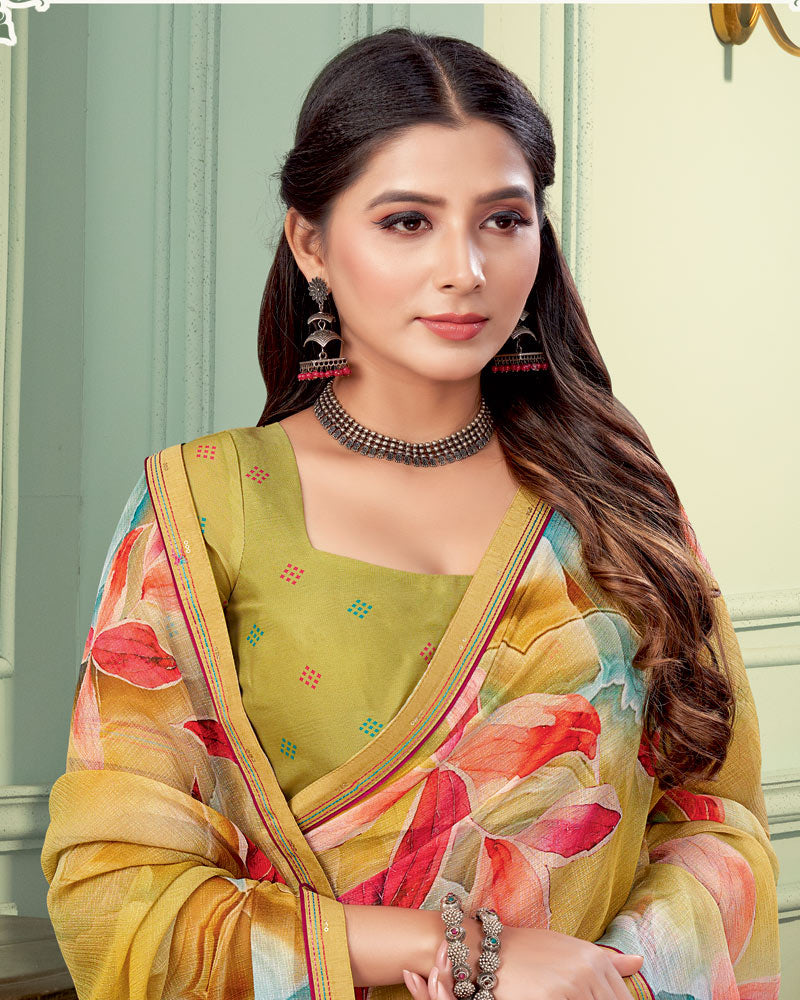 Vishal Prints Indian Yellow Digital Print Fancy Chiffon Saree With Border