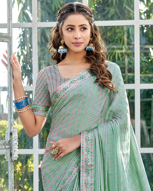 Vishal Prints Pastel Green Checks Patterned Fancy Chiffon Saree With Digital Print Satin Border