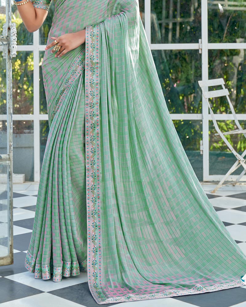 Vishal Prints Pastel Green Checks Patterned Fancy Chiffon Saree With Digital Print Satin Border