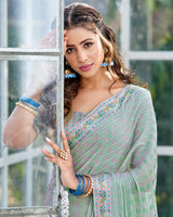 Vishal Prints Pastel Green Checks Patterned Fancy Chiffon Saree With Digital Print Satin Border