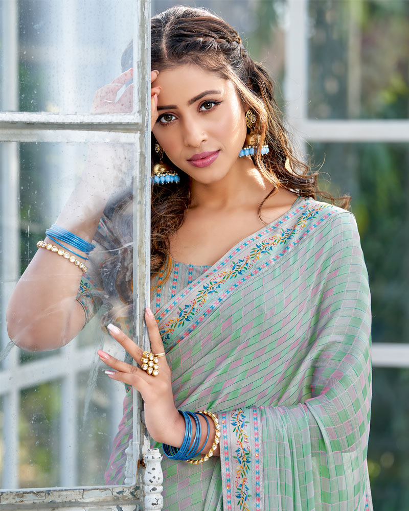 Vishal Prints Pastel Green Checks Patterned Fancy Chiffon Saree With Digital Print Satin Border