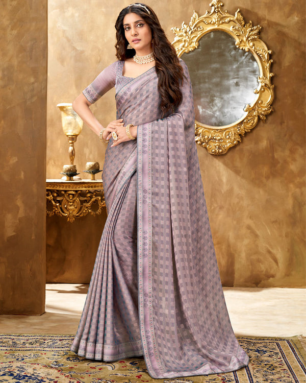 Vishal Prints Pastel Pink Checks Patterned Fancy Chiffon Saree With Digital Print Satin Border