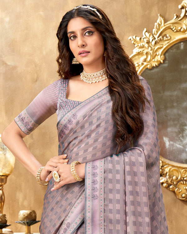 Vishal Prints Pastel Pink Checks Patterned Fancy Chiffon Saree With Digital Print Satin Border