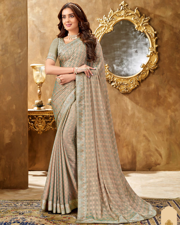 Vishal Prints Pastel Orange Checks Patterned Fancy Chiffon Saree With Digital Print Satin Border