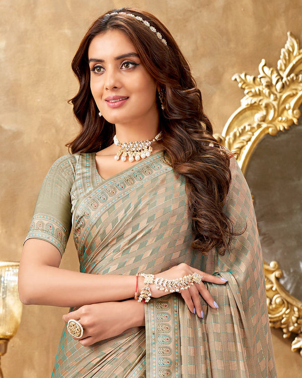 Vishal Prints Pastel Orange Checks Patterned Fancy Chiffon Saree With Digital Print Satin Border