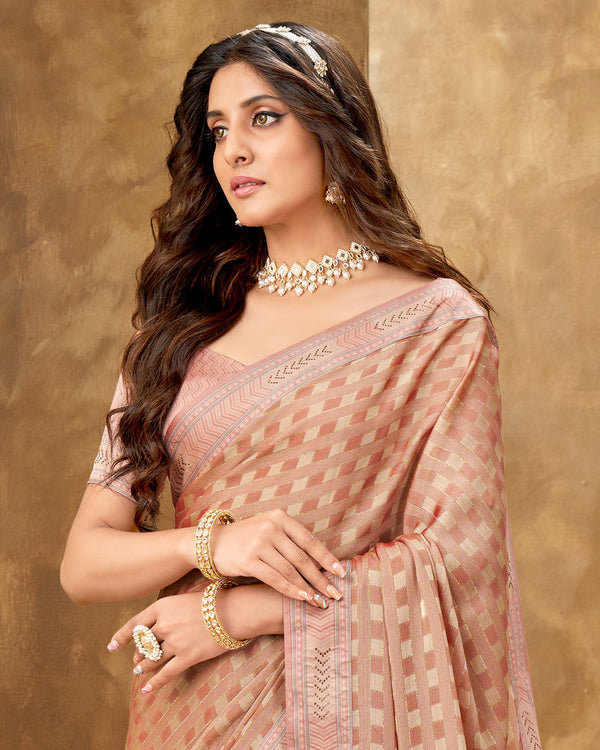 Vishal Prints Salmon Orange Checks Patterned Fancy Chiffon Saree With Digital Print Satin Border