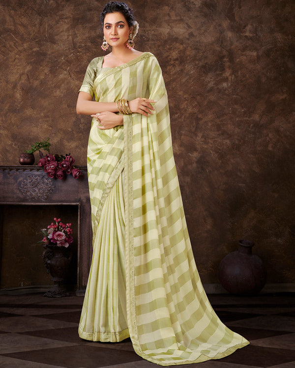 Vishal Prints Pastel Mehandi Green Checks Patterned Fancy Chiffon Saree With Digital Print Satin Border