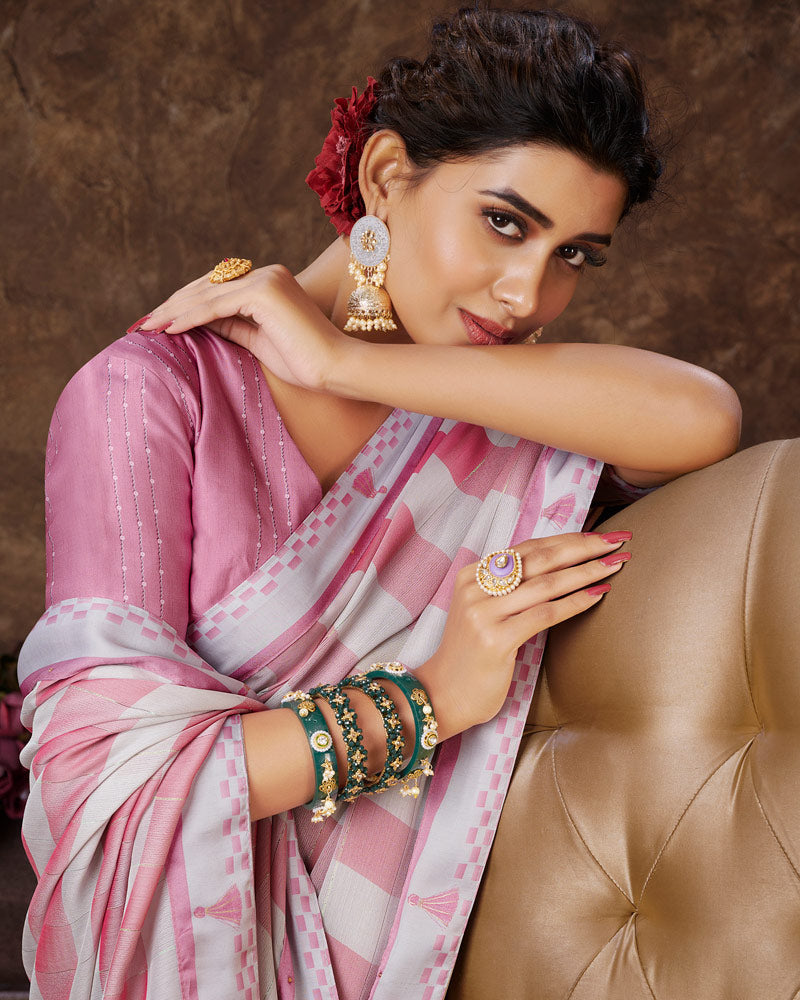 Vishal Prints Tulip Pink Checks Patterned Fancy Chiffon Saree With Digital Print Satin Border