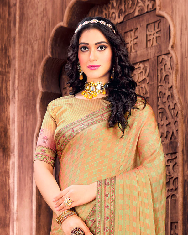 Vishal Prints Persian Orange Checks Patterned Fancy Chiffon Saree With Digital Print Satin Border