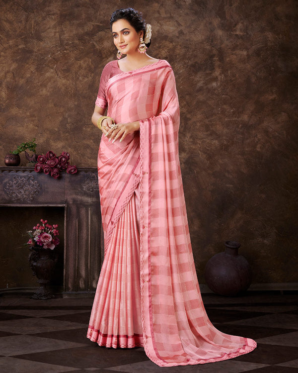 Vishal Prints Daisy Pink Checks Patterned Fancy Chiffon Saree With Digital Print Satin Border