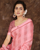 Vishal Prints Daisy Pink Checks Patterned Fancy Chiffon Saree With Digital Print Satin Border