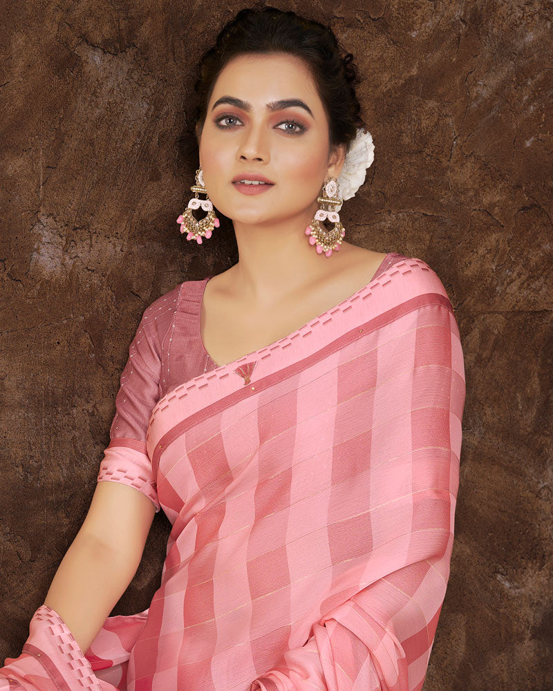 Vishal Prints Daisy Pink Checks Patterned Fancy Chiffon Saree With Digital Print Satin Border