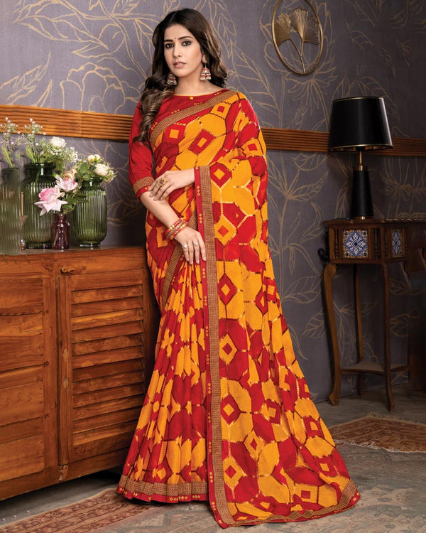 Vishal Prints Yellowish Orange Brasso Saree With Foil Print And Zari Border