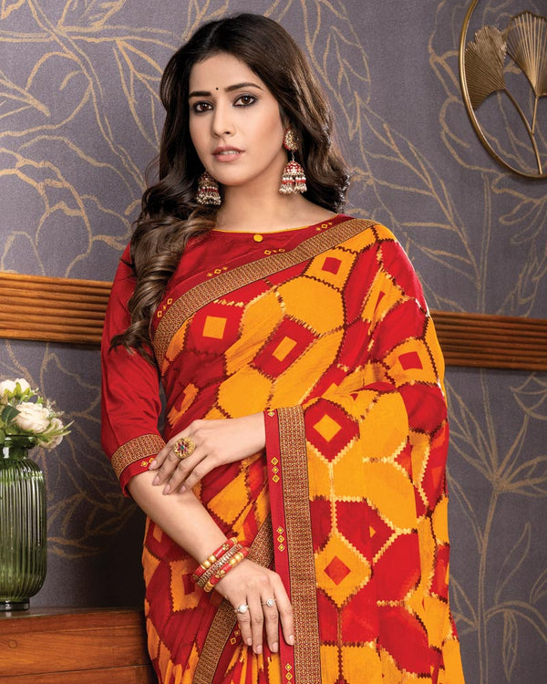 Vishal Prints Yellowish Orange Brasso Saree With Foil Print And Zari Border