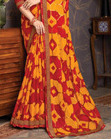 Vishal Prints Yellowish Orange Brasso Saree With Foil Print And Zari Border