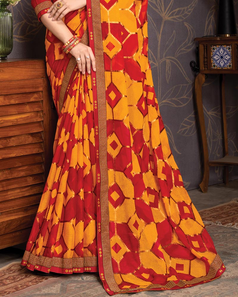 Vishal Prints Yellowish Orange Brasso Saree With Foil Print And Zari Border