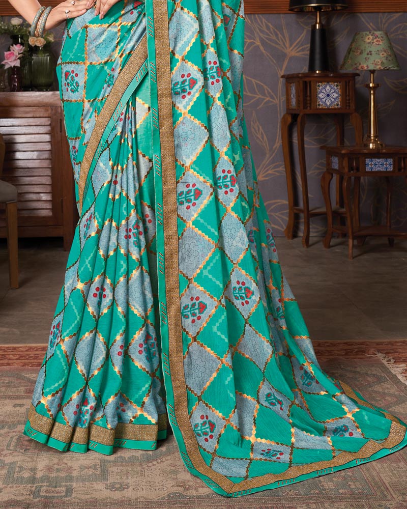Vishal Prints Dark Turquoise Blue Brasso Saree With Foil Print And Zari Border