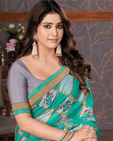Vishal Prints Dark Turquoise Blue Brasso Saree With Foil Print And Zari Border