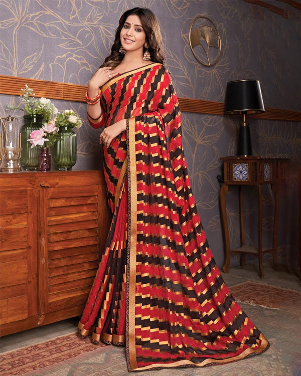 Vishal Prints Cherry Red Brasso Saree With Foil Print And Zari Border