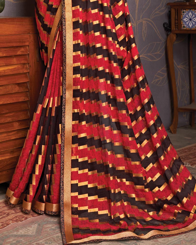 Vishal Prints Cherry Red Brasso Saree With Foil Print And Zari Border