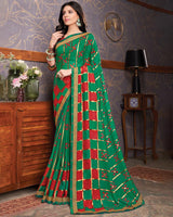 Vishal Prints Dark Sea Green Brasso Saree With Foil Print And Zari Border