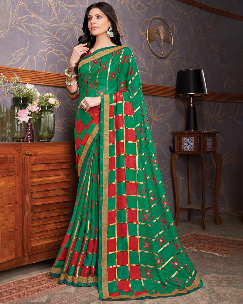 Vishal Prints Dark Sea Green Brasso Saree With Foil Print And Zari Border