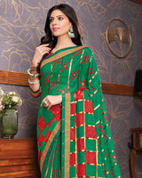 Vishal Prints Dark Sea Green Brasso Saree With Foil Print And Zari Border