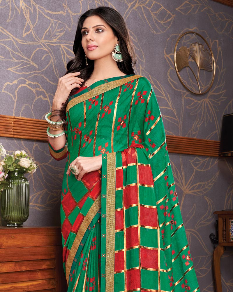 Vishal Prints Dark Sea Green Brasso Saree With Foil Print And Zari Border