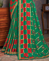 Vishal Prints Dark Sea Green Brasso Saree With Foil Print And Zari Border
