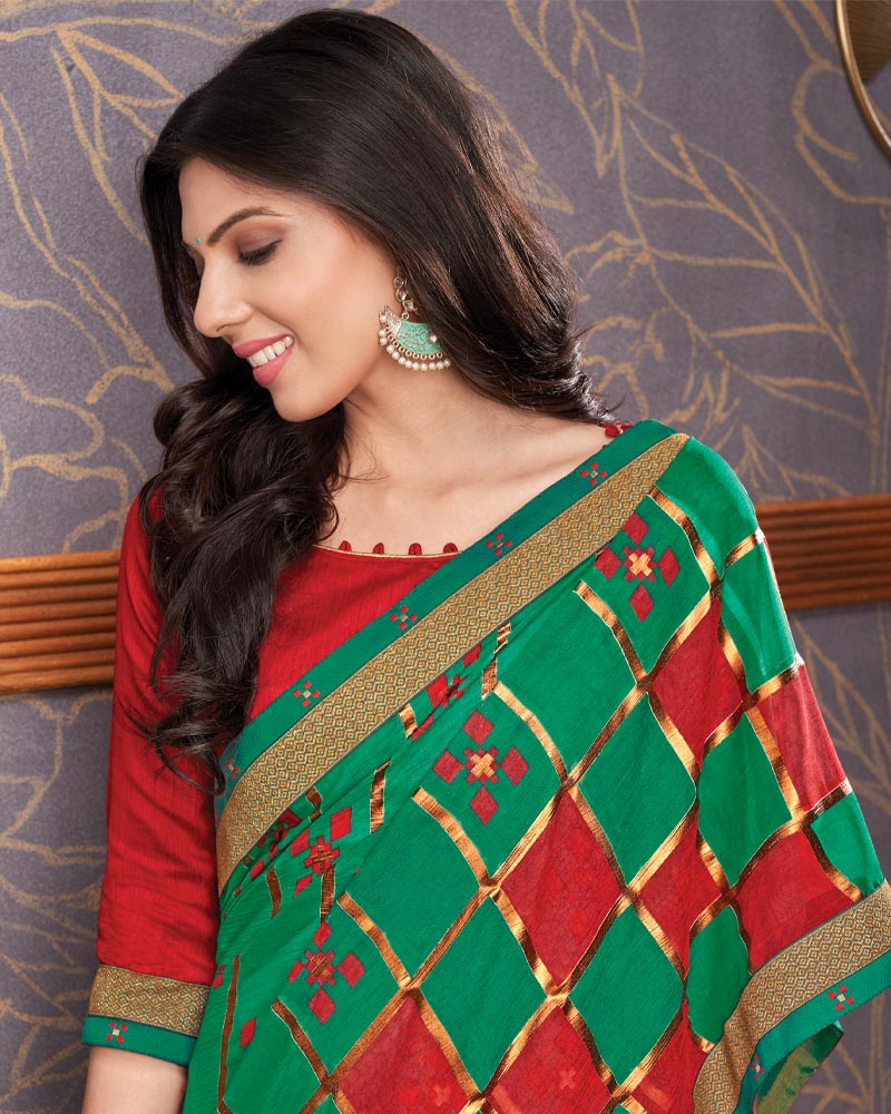 Vishal Prints Dark Sea Green Brasso Saree With Foil Print And Zari Border