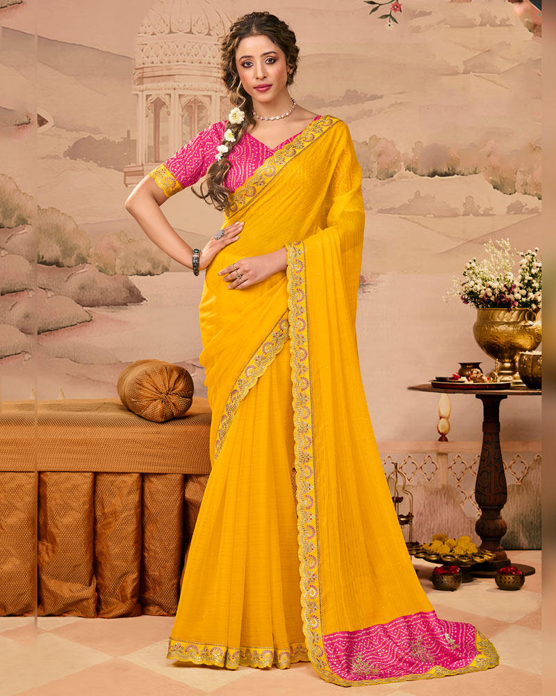 Vishal Prints Dark Raspberry Pink And Golden Yellow Designer Fancy Chiffon Traditional Print Saree With Weaved Satin Patta And Cut Work Embroidery Border