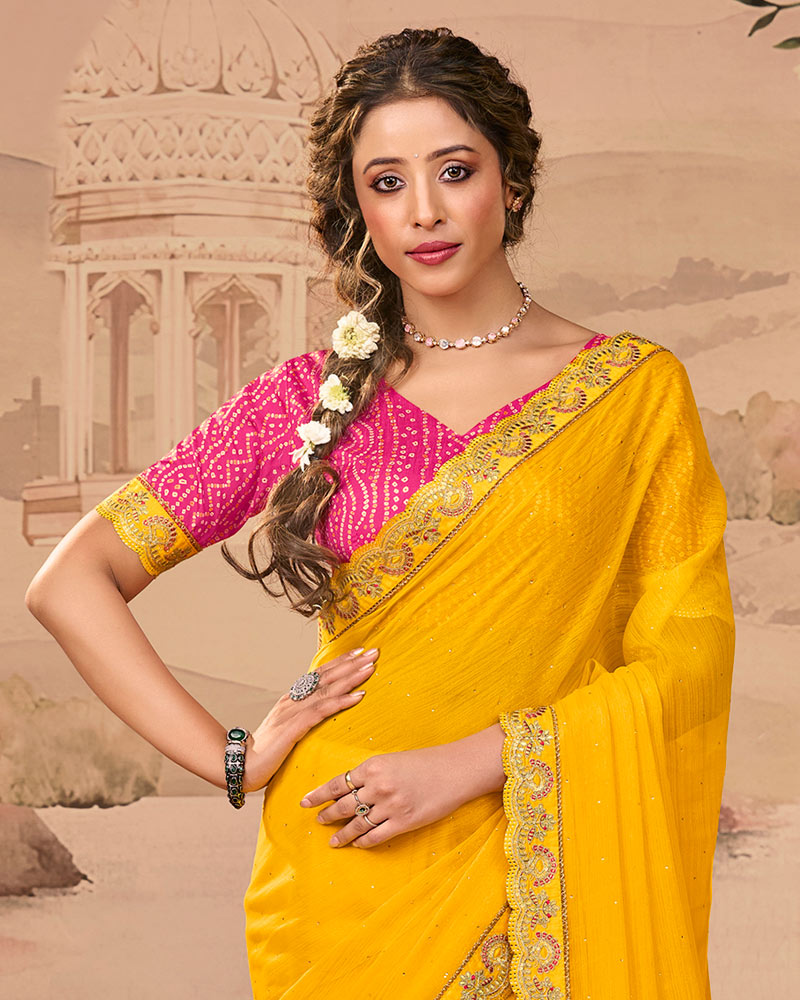Vishal Prints Dark Raspberry Pink And Golden Yellow Designer Fancy Chiffon Traditional Print Saree With Weaved Satin Patta And Cut Work Embroidery Border