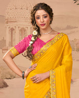 Vishal Prints Dark Raspberry Pink And Golden Yellow Designer Fancy Chiffon Traditional Print Saree With Weaved Satin Patta And Cut Work Embroidery Border
