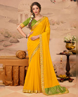 Vishal Prints Leaf Green And Golden Yellow Designer Fancy Chiffon Traditional Print Saree With Weaved Satin Patta And Cut Work Embroidery Border