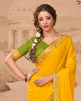 Vishal Prints Leaf Green And Golden Yellow Designer Fancy Chiffon Traditional Print Saree With Weaved Satin Patta And Cut Work Embroidery Border