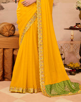 Vishal Prints Leaf Green And Golden Yellow Designer Fancy Chiffon Traditional Print Saree With Weaved Satin Patta And Cut Work Embroidery Border