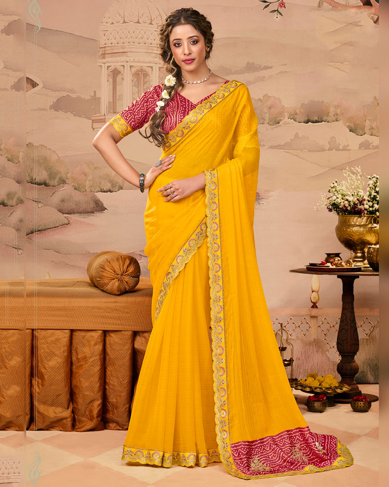 Vishal Prints Brick Red And Golden Yellow Designer Fancy Chiffon Traditional Print Saree With Weaved Satin Patta And Cut Work Embroidery Border