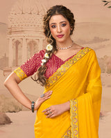 Vishal Prints Brick Red And Golden Yellow Designer Fancy Chiffon Traditional Print Saree With Weaved Satin Patta And Cut Work Embroidery Border
