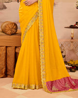 Vishal Prints Brick Red And Golden Yellow Designer Fancy Chiffon Traditional Print Saree With Weaved Satin Patta And Cut Work Embroidery Border