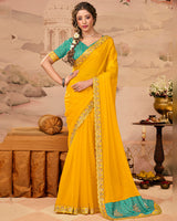 Vishal Prints Persian Green And Golden Yellow Designer Fancy Chiffon Traditional Print Saree With Weaved Satin Patta And Cut Work Embroidery Border