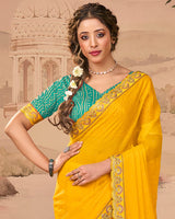 Vishal Prints Persian Green And Golden Yellow Designer Fancy Chiffon Traditional Print Saree With Weaved Satin Patta And Cut Work Embroidery Border