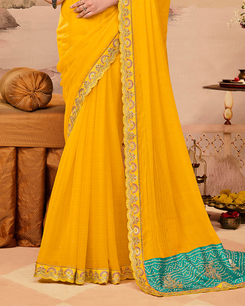 Vishal Prints Persian Green And Golden Yellow Designer Fancy Chiffon Traditional Print Saree With Weaved Satin Patta And Cut Work Embroidery Border